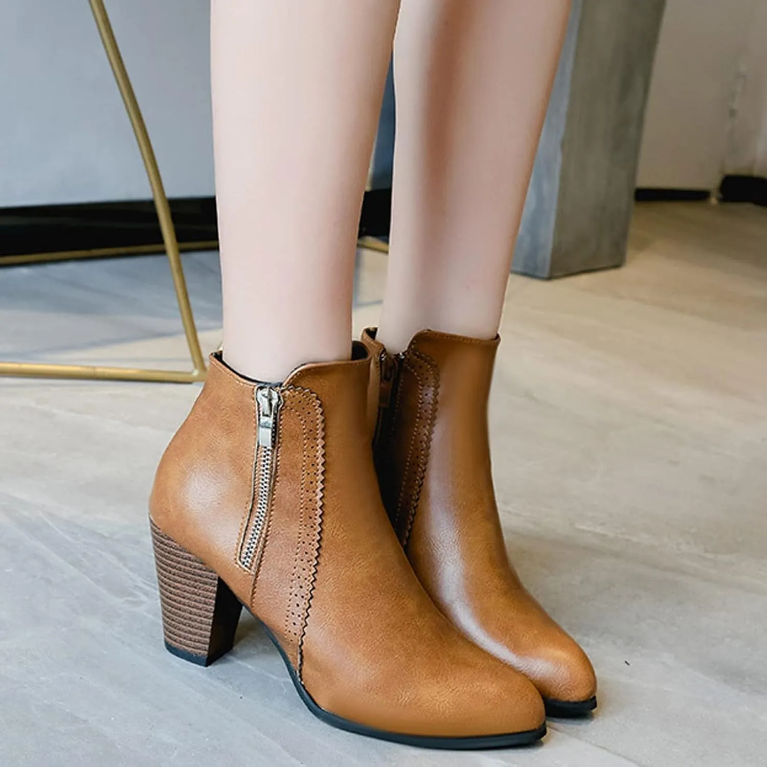 Ankle Boots for Women Side Zipper Short Boots Low Chunky Block Heel Pointed Toe Fall Heeled Booties Shoes