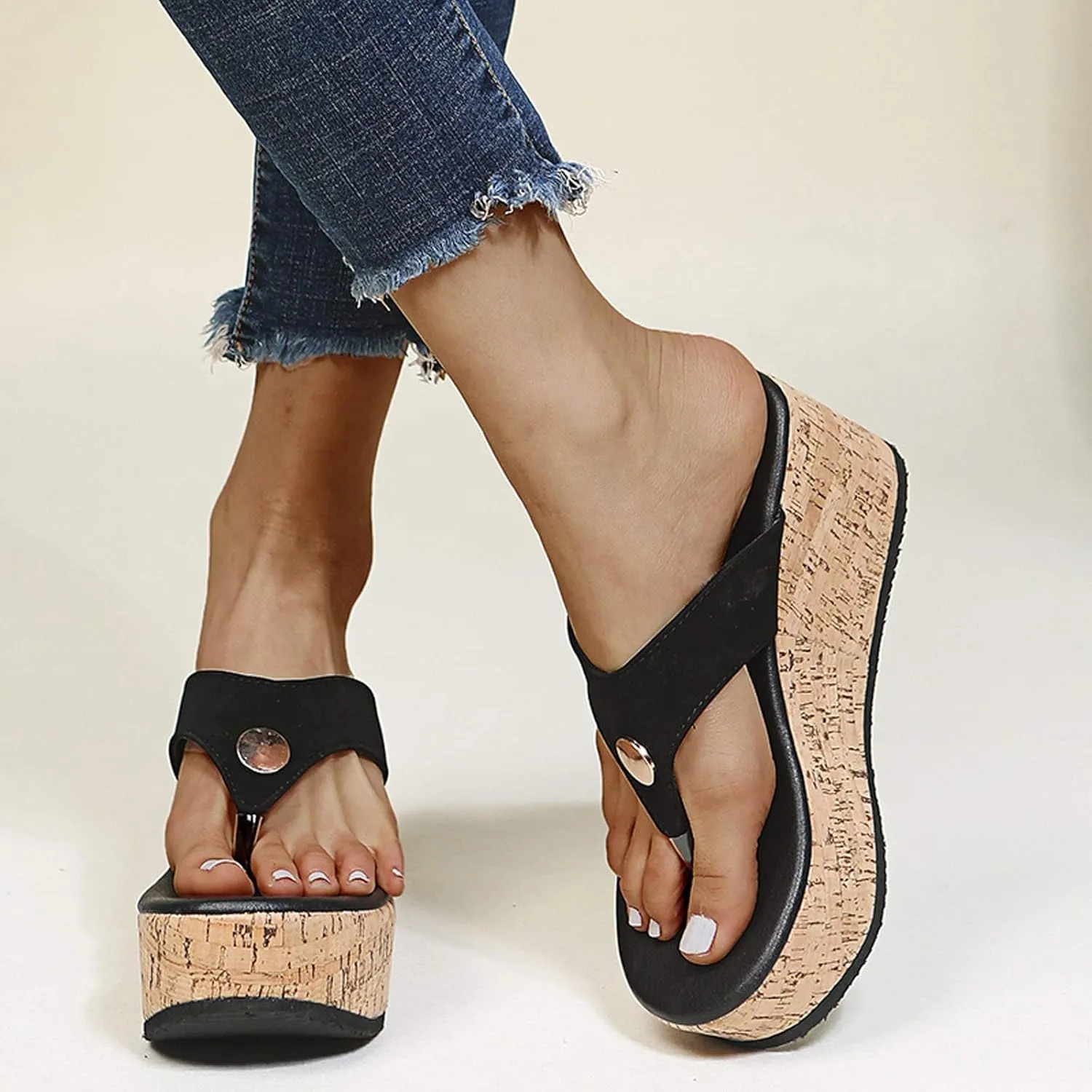 Beach Sandals for Women Summer Casual Wedge Thong Sandal Slip On Platform Flip Flops Comfortable Walking Shoes