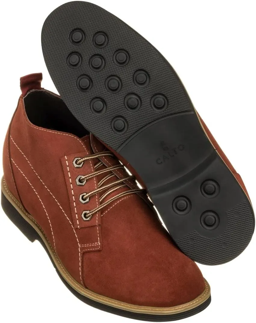 CALTO Men's Invisible Height Increasing Elevator Shoes - Burgundy Suede Leather Chukka Lace-up Ankle Boots - 3.2 Inches Taller - K9911 - Size 10 D(M) US