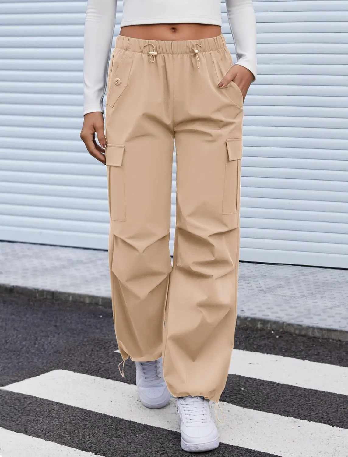 Cargo Pants Women Elastic Waisted Parachute Hiking Pants with Pockets Water-Resistant Lightweight Baggy Pants