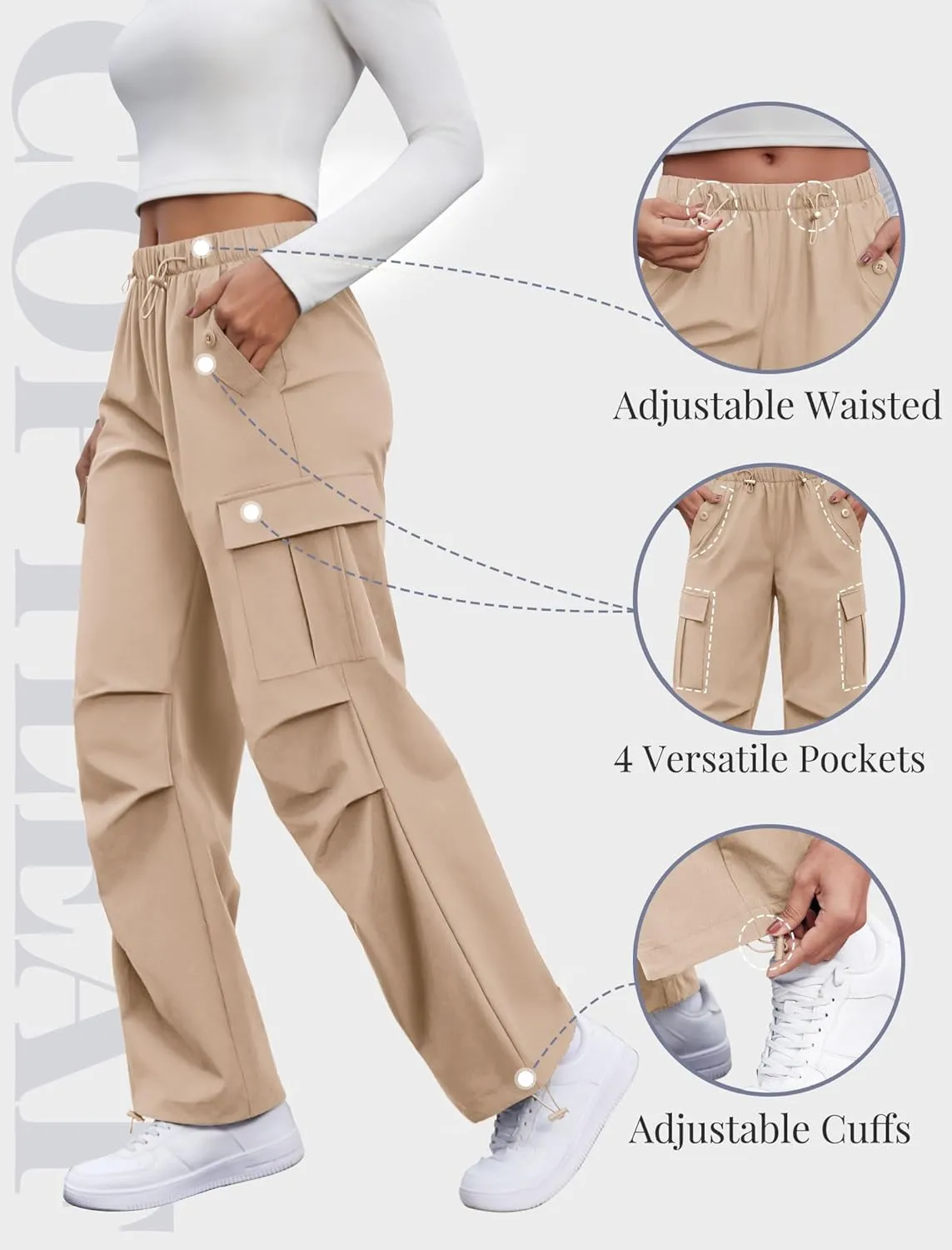 Cargo Pants Women Elastic Waisted Parachute Hiking Pants with Pockets Water-Resistant Lightweight Baggy Pants