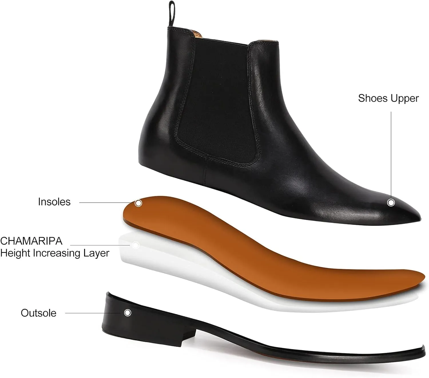CHAMARIPA Men's Invisible Height Increasing Shoes - Leather Elevator Chelsea Shoes for Man,2-3 inches Taller.