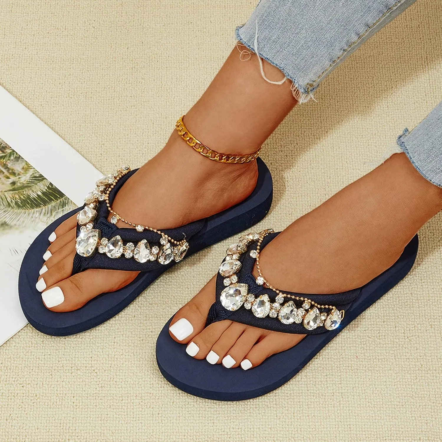 Comfortable Sandals for Women Slip-On Thong Wedge Sandal Rhinestone Platform Flip Flop Low Wedges Slipper Summer Shoes