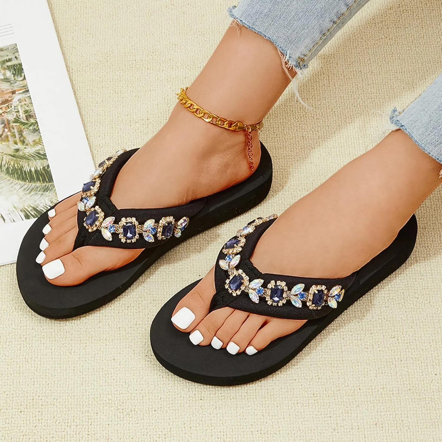 Comfortable Sandals for Women Slip-On Thong Wedge Sandal Rhinestone Platform Flip Flop Low Wedges Slipper Summer Shoes