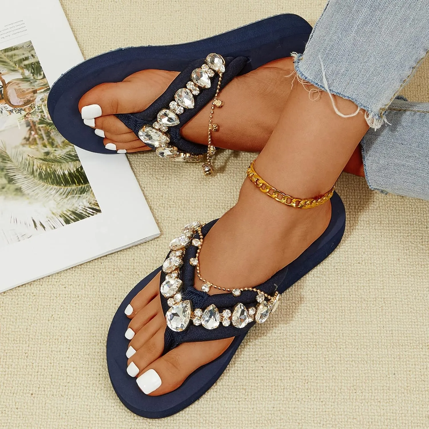 Comfortable Sandals for Women Slip-On Thong Wedge Sandal Rhinestone Platform Flip Flop Low Wedges Slipper Summer Shoes