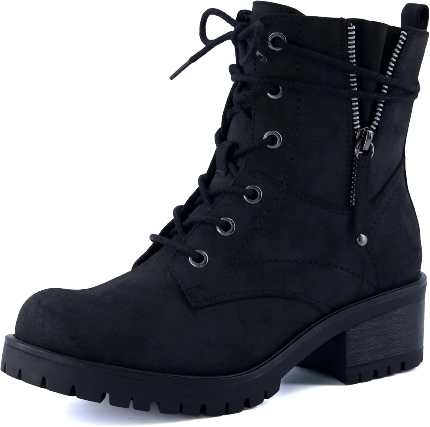 Dunes Women's Kobe Heeled Combat Boots  Lace-Up with Side Zipper, Memory Foam Insoles, Faux Fur Lining, Vegan Nubuck Leather, Wide Widths Available