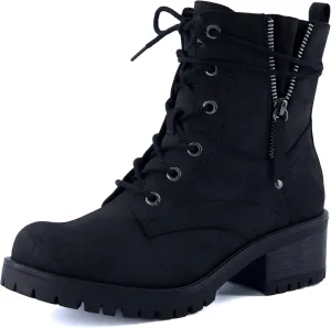 Dunes Women's Kobe Heeled Combat Boots  Lace-Up with Side Zipper, Memory Foam Insoles, Faux Fur Lining, Vegan Nubuck Leather, Wide Widths Available
