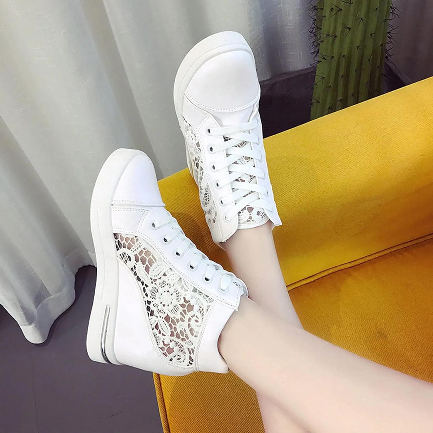 High Heeld Wedge Sneakers for Women, Ladies Hidden Heel Sneakers Dressy Lace Up Shoes High Top Sneakers Fashion Canvas Shoes Breathable Mesh Casual Platform Sneakers (A-White, 8)