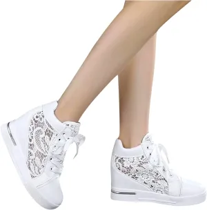 High Heeld Wedge Sneakers for Women, Ladies Hidden Heel Sneakers Dressy Lace Up Shoes High Top Sneakers Fashion Canvas Shoes Breathable Mesh Casual Platform Sneakers (A-White, 8)