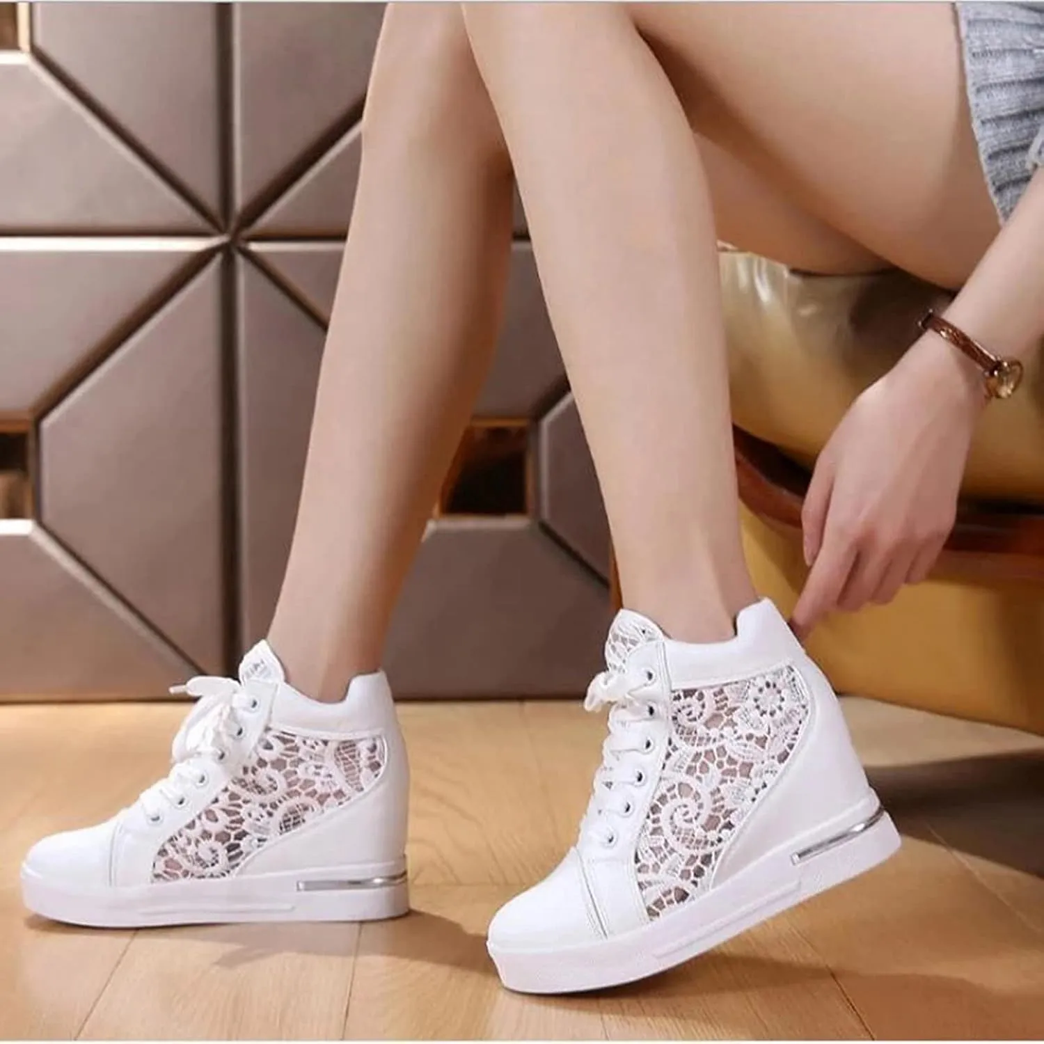 High Heeld Wedge Sneakers for Women, Ladies Hidden Heel Sneakers Dressy Lace Up Shoes High Top Sneakers Fashion Canvas Shoes Breathable Mesh Casual Platform Sneakers (A-White, 8)
