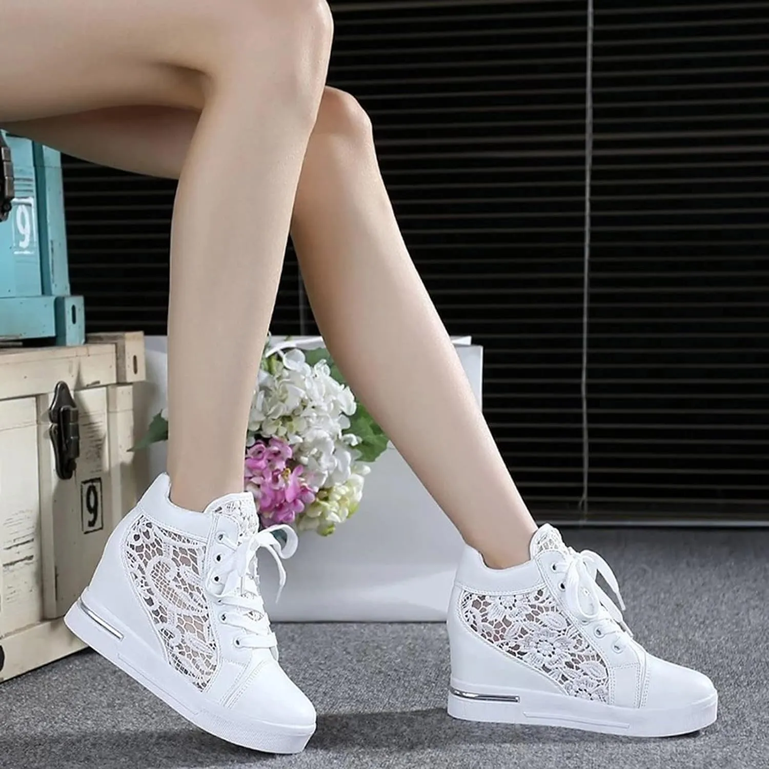 High Heeld Wedge Sneakers for Women, Ladies Hidden Heel Sneakers Dressy Lace Up Shoes High Top Sneakers Fashion Canvas Shoes Breathable Mesh Casual Platform Sneakers (A-White, 8)