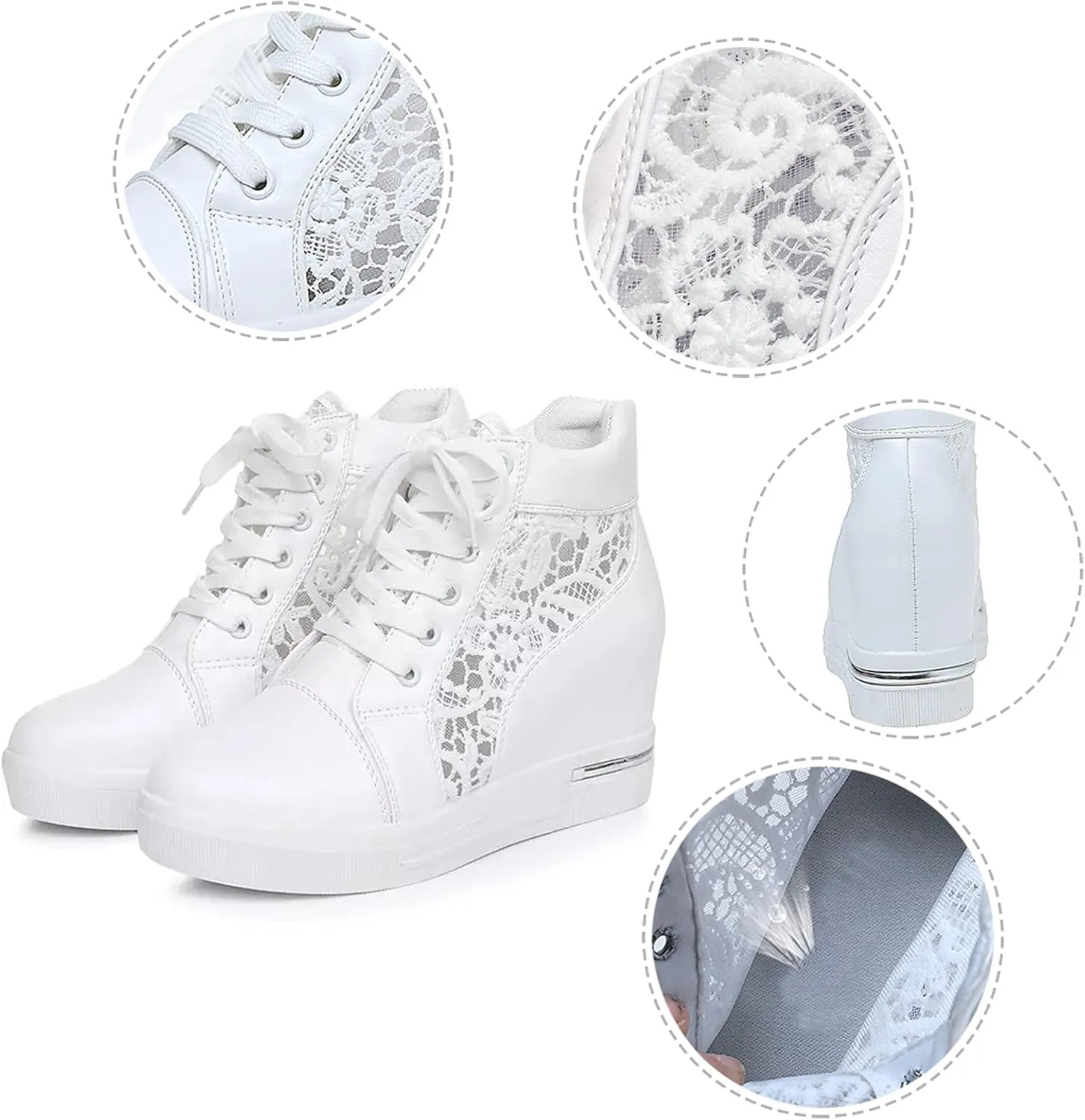 High Heeld Wedge Sneakers for Women, Ladies Hidden Heel Sneakers Dressy Lace Up Shoes High Top Sneakers Fashion Canvas Shoes Breathable Mesh Casual Platform Sneakers (A-White, 8)