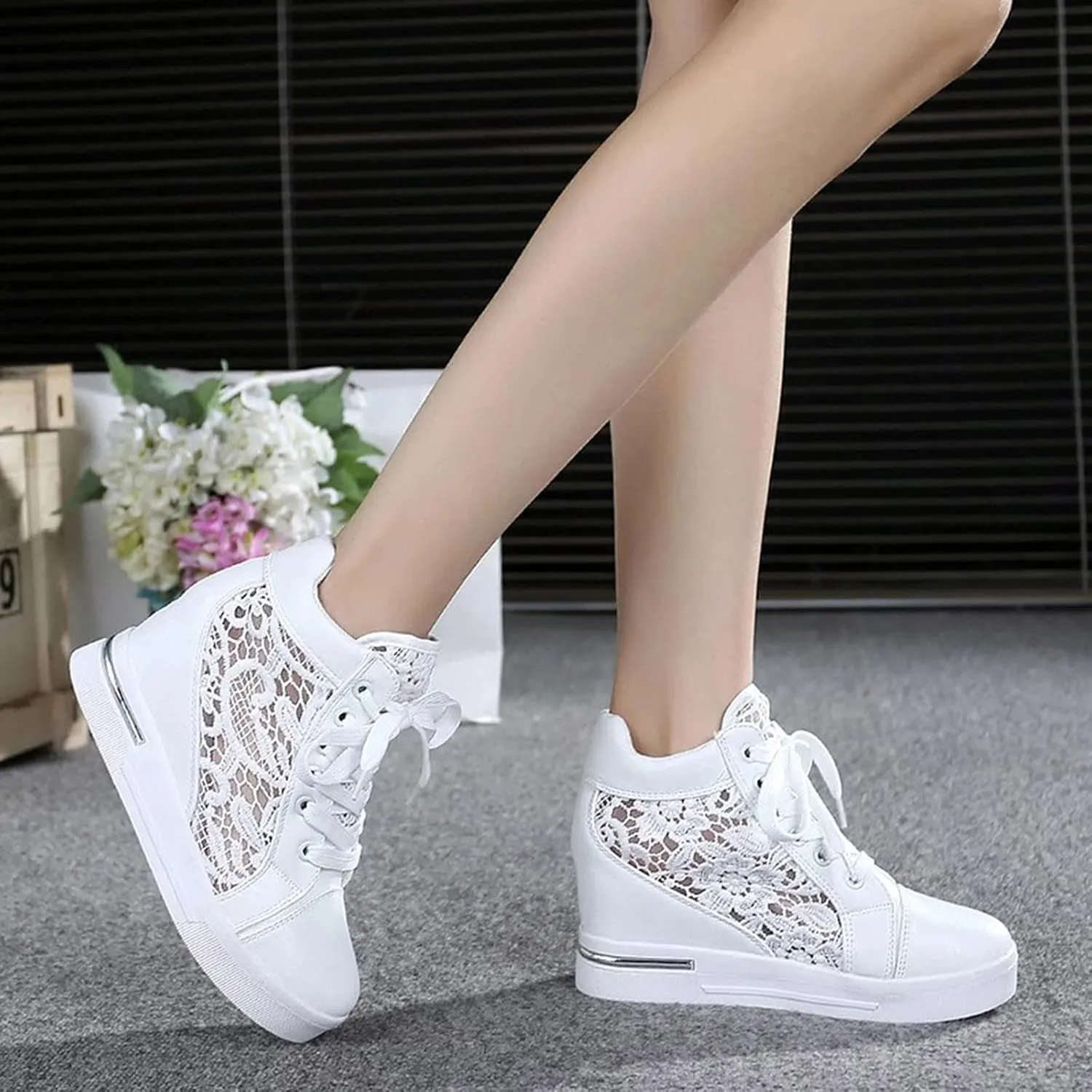 High Heeld Wedge Sneakers for Women, Ladies Hidden Heel Sneakers Dressy Lace Up Shoes High Top Sneakers Fashion Canvas Shoes Breathable Mesh Casual Platform Sneakers (A-White, 8)