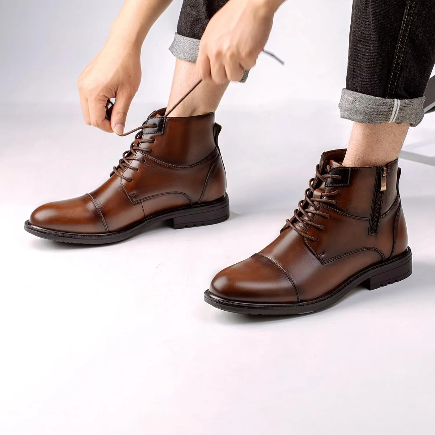 Holy dove Mens Oxford Leather Dress Boots Cap Toe Side Zip Fashion Mid Top Chukka Ankle Boots for Men