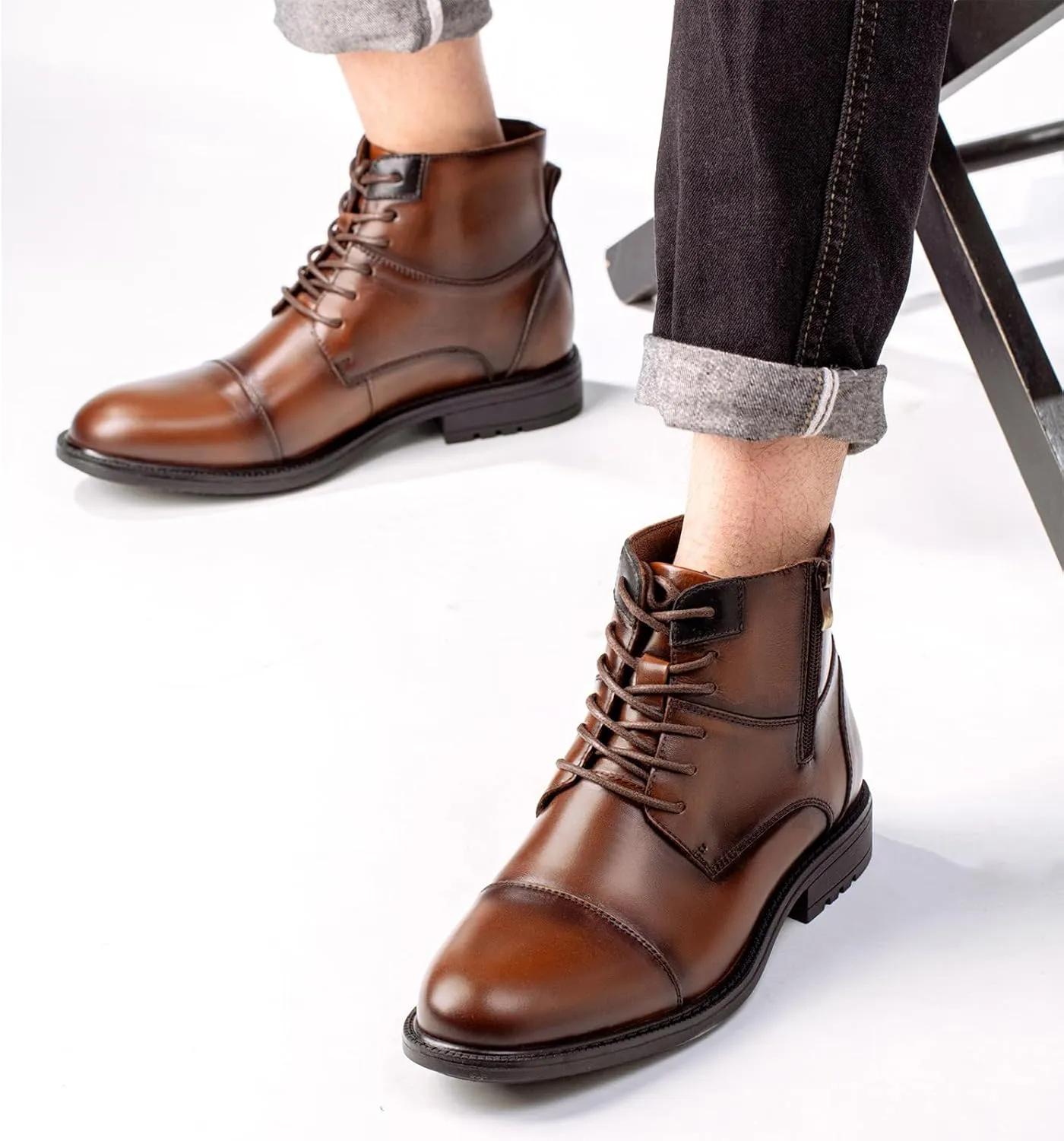 Holy dove Mens Oxford Leather Dress Boots Cap Toe Side Zip Fashion Mid Top Chukka Ankle Boots for Men