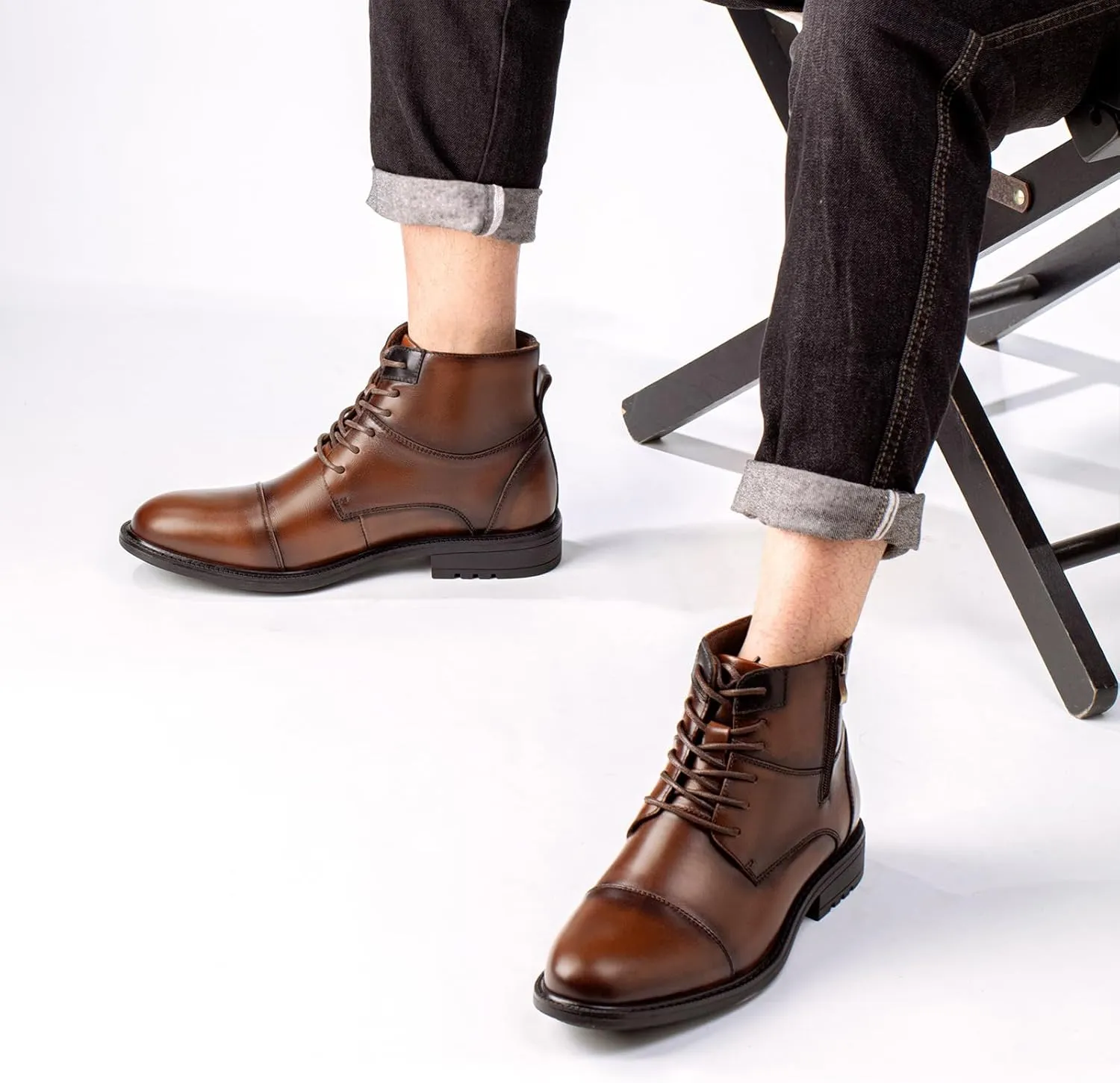 Holy dove Mens Oxford Leather Dress Boots Cap Toe Side Zip Fashion Mid Top Chukka Ankle Boots for Men