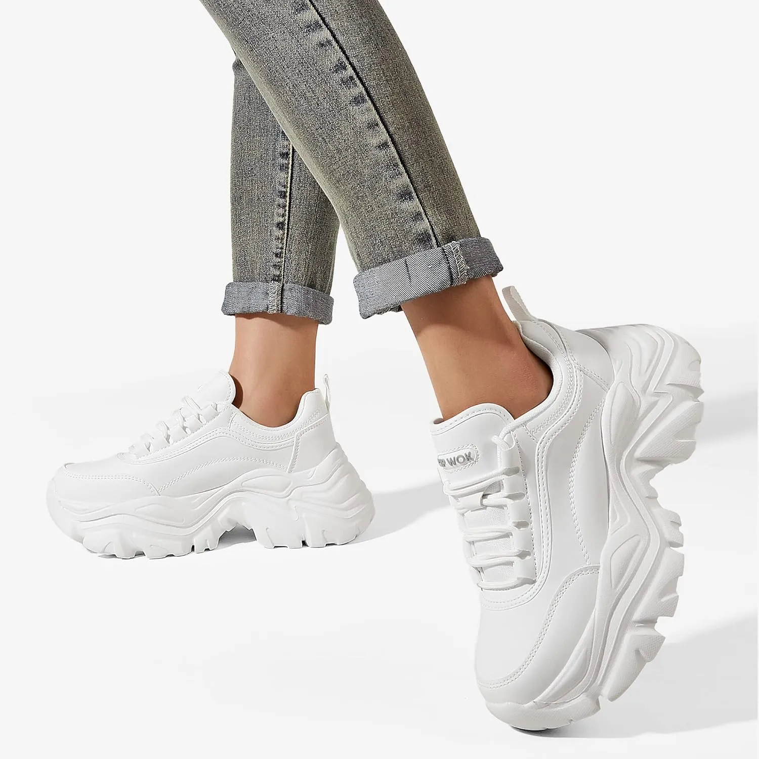 K KIP WOK Chunky Sneakers for Women Fashion Platform White Leather Casual Dad Shoes Comfortable Wedge Walking Sport Sneakers