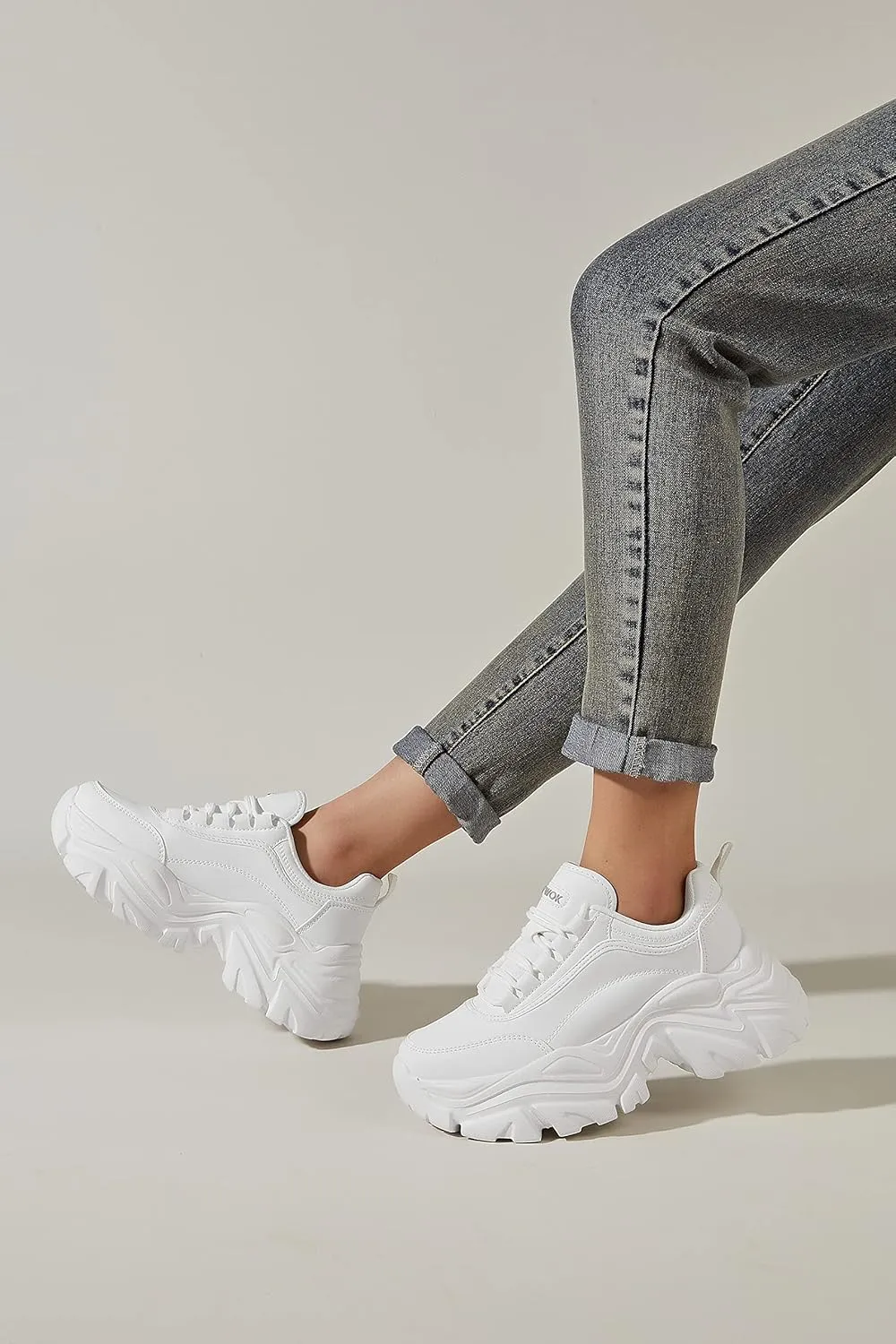 K KIP WOK Chunky Sneakers for Women Fashion Platform White Leather Casual Dad Shoes Comfortable Wedge Walking Sport Sneakers