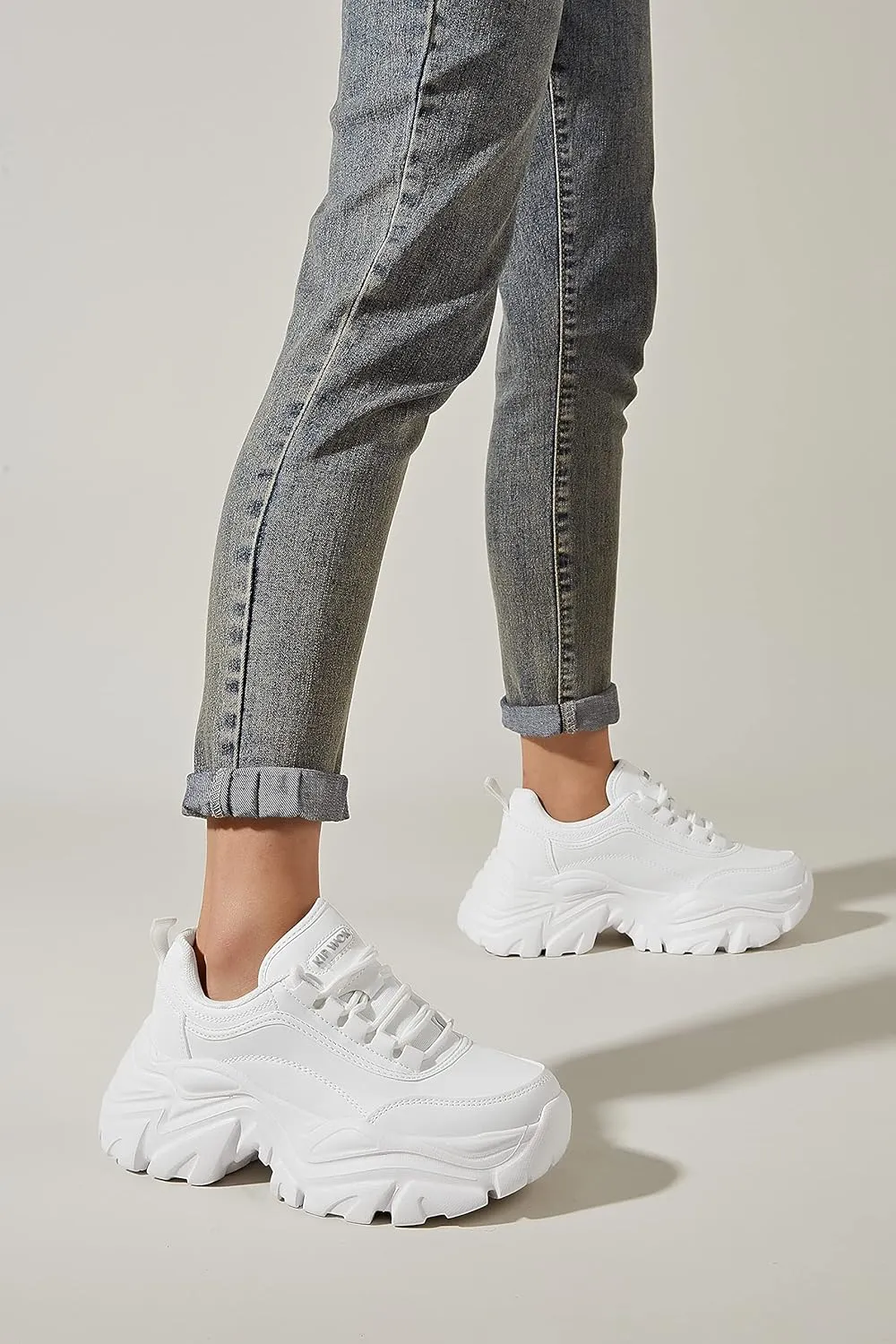 K KIP WOK Chunky Sneakers for Women Fashion Platform White Leather Casual Dad Shoes Comfortable Wedge Walking Sport Sneakers