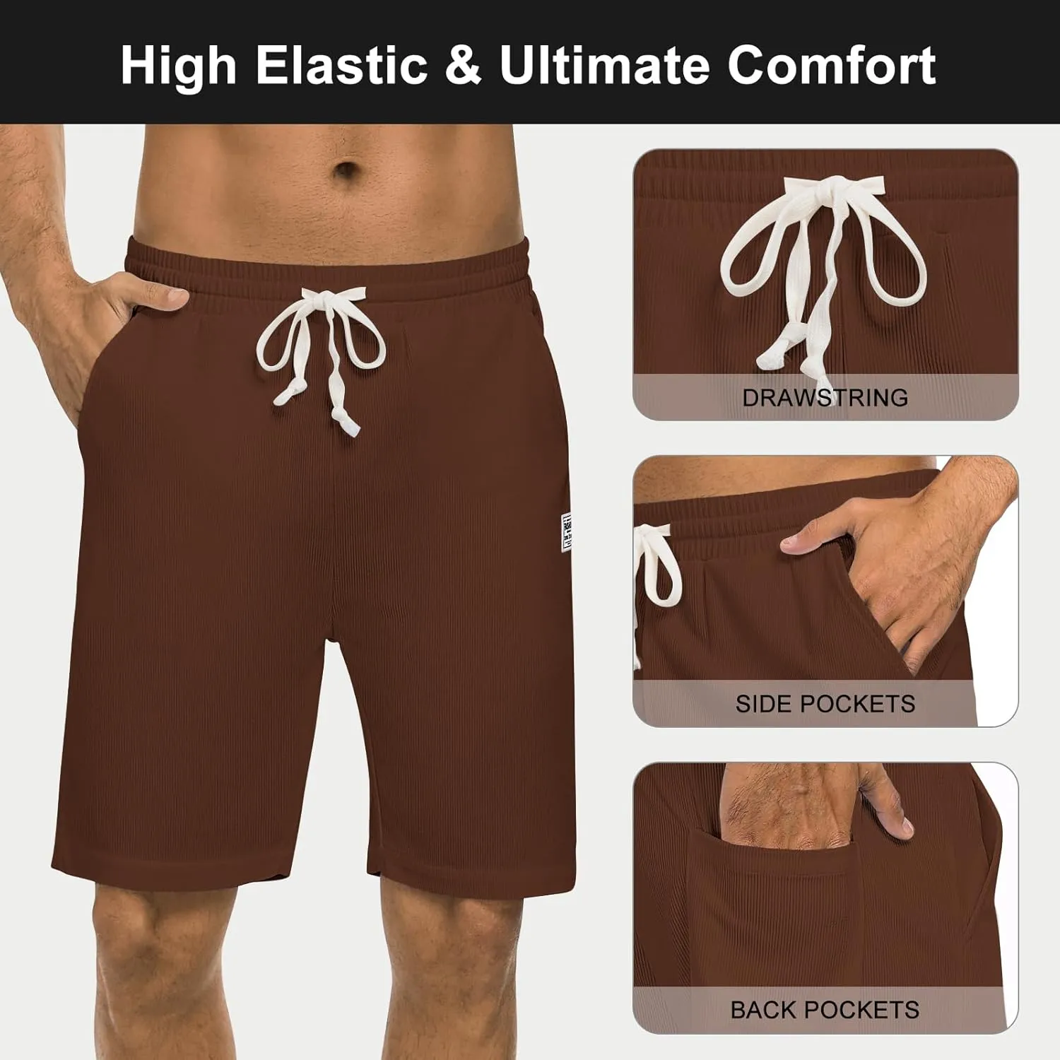 Men's Casual Shorts Corduroy Elastic Waist Drawstring 7 inch Shorts for Men with Pockets