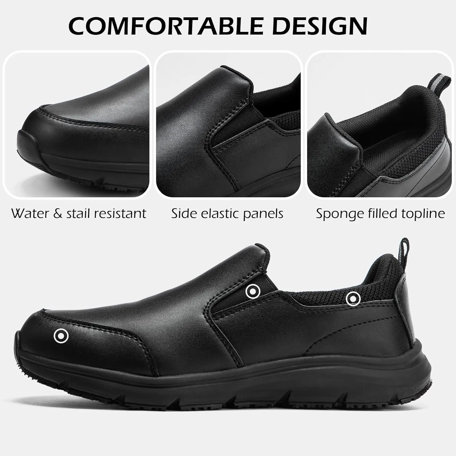 NAVEKULL Men's Non Slip Food Service Shoes Water Resistant Kitchen Restaurant Chef Slip Resistant Work Shoes Black Leather