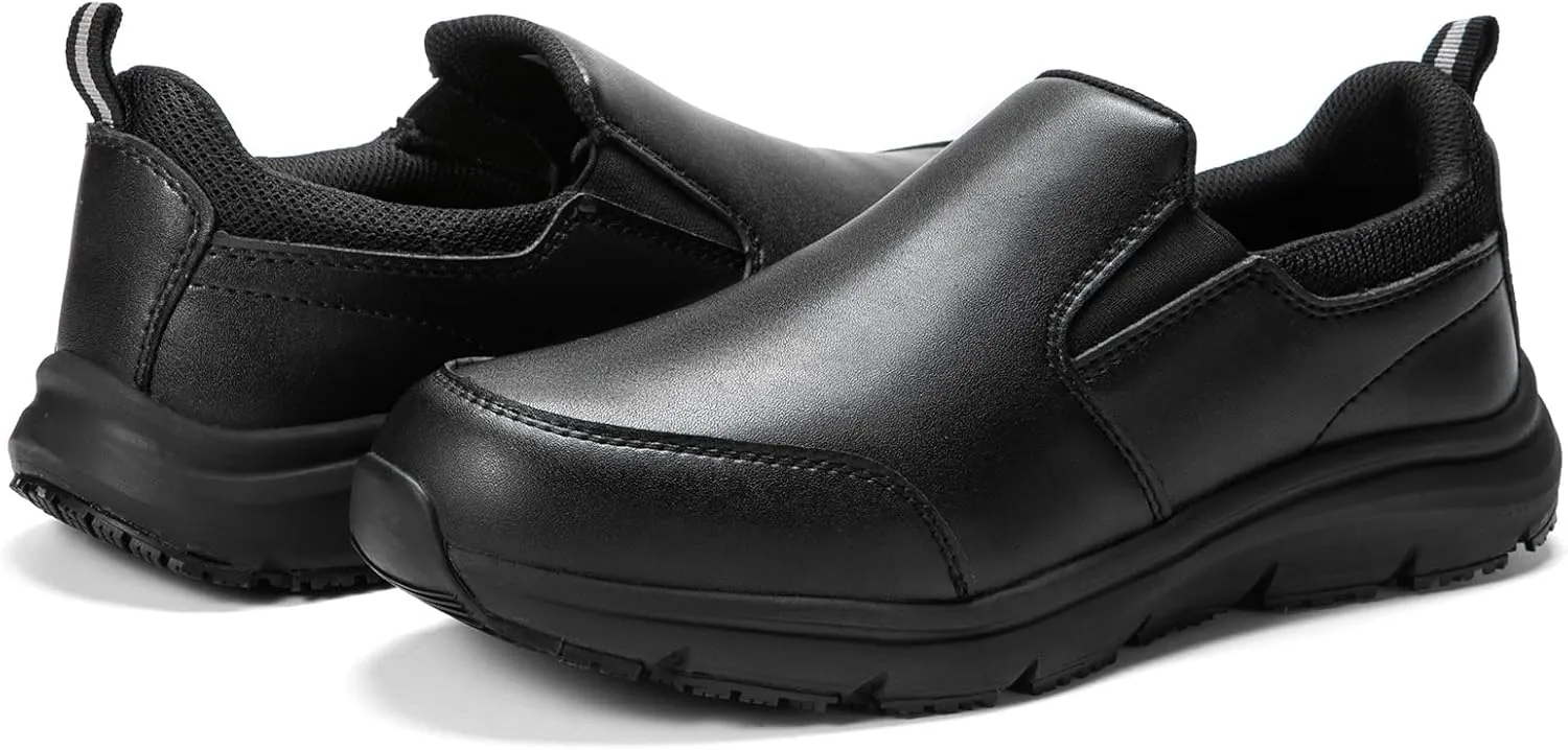 NAVEKULL Men's Non Slip Food Service Shoes Water Resistant Kitchen Restaurant Chef Slip Resistant Work Shoes Black Leather