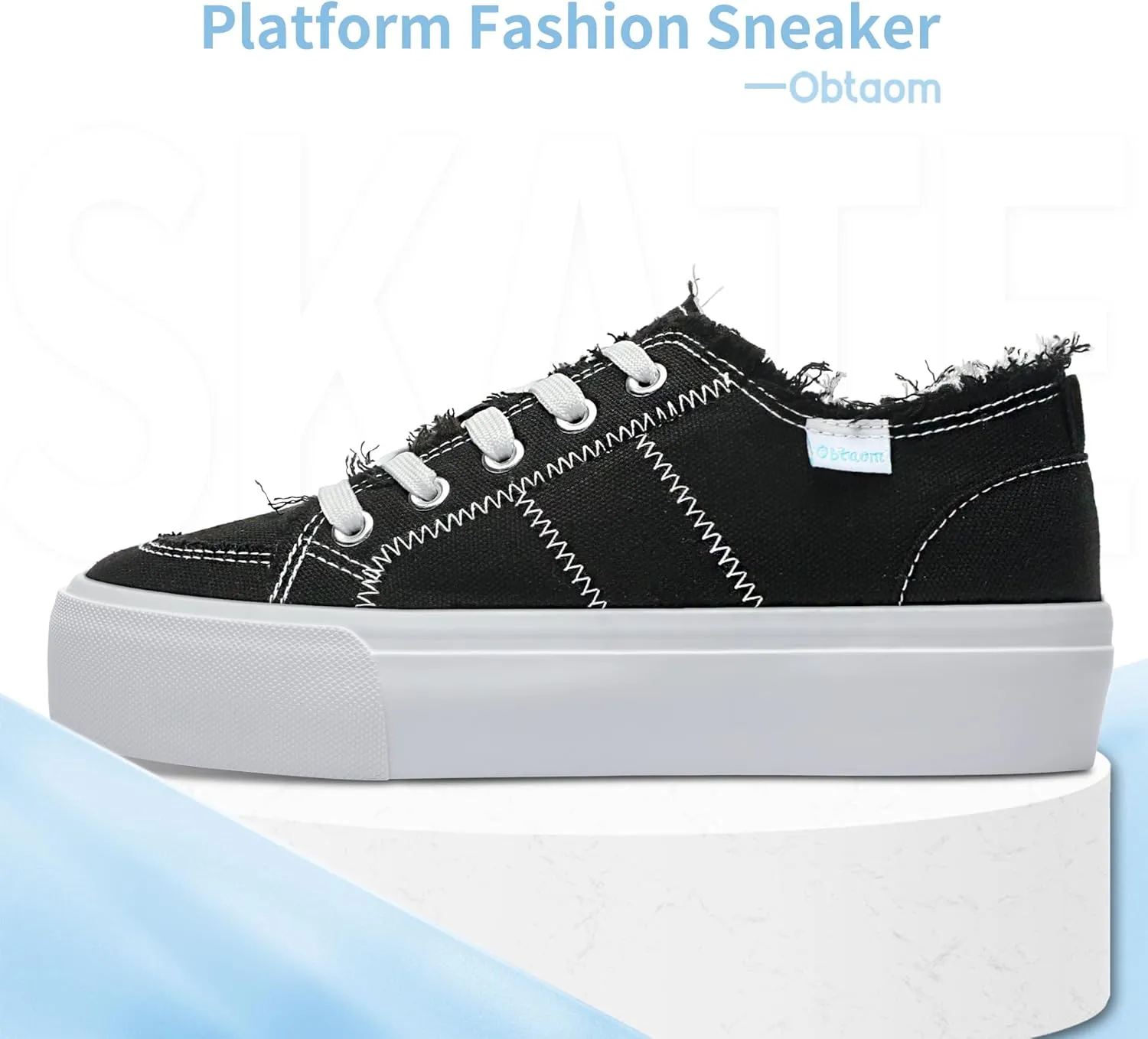 Obtaom Women Platform Canvas Sneakers White Comfort Play Fashion Sneakers Casual Lift Platform Lace Up Shoes Cute Low Top Walking Shoes for Lady