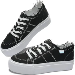Obtaom Women Platform Canvas Sneakers White Comfort Play Fashion Sneakers Casual Lift Platform Lace Up Shoes Cute Low Top Walking Shoes for Lady