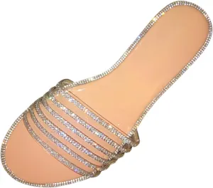 Summer Flat Sandals for Women Open Toe Slip On Rhinestone Slides Casual Beach Shoes Comfortable Walking Slippers