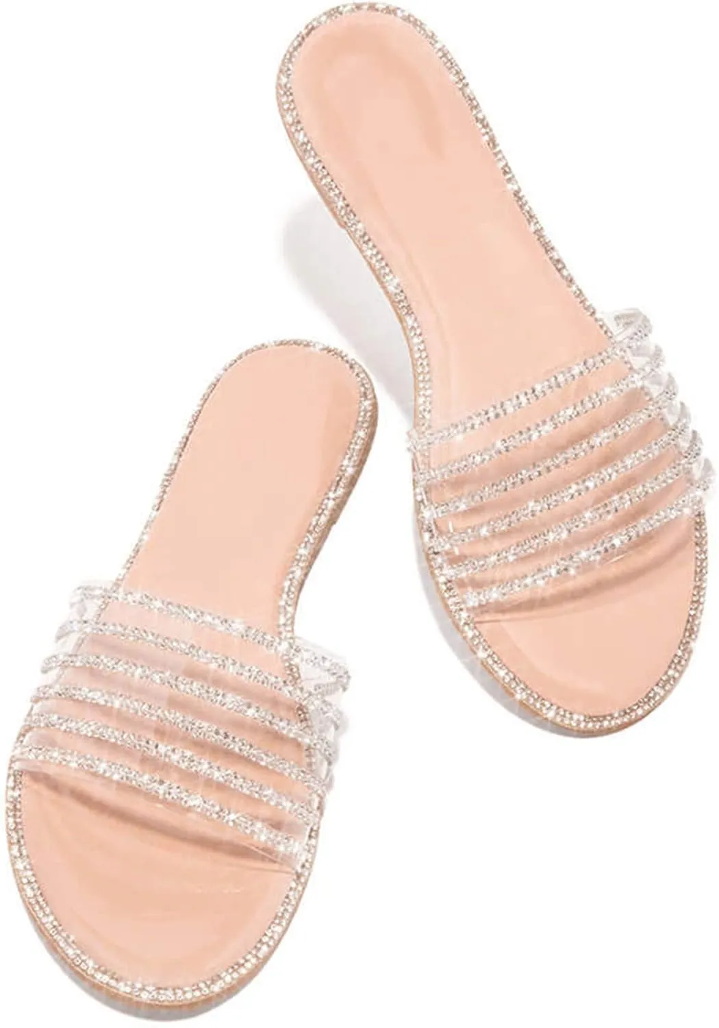 Summer Flat Sandals for Women Open Toe Slip On Rhinestone Slides Casual Beach Shoes Comfortable Walking Slippers