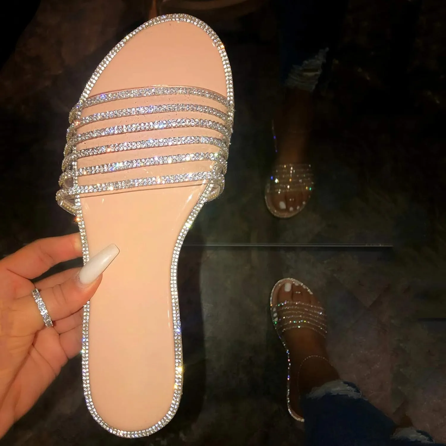 Summer Flat Sandals for Women Open Toe Slip On Rhinestone Slides Casual Beach Shoes Comfortable Walking Slippers