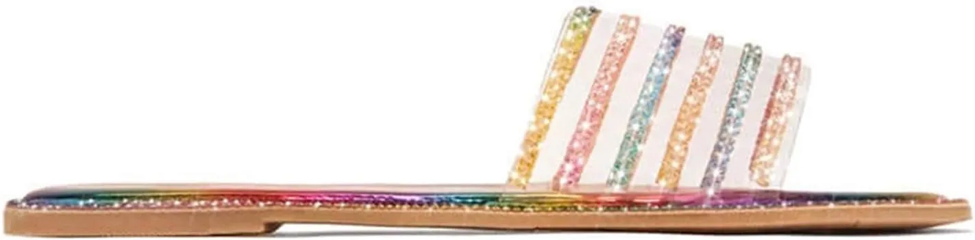 Summer Flat Sandals for Women Open Toe Slip On Rhinestone Slides Casual Beach Shoes Comfortable Walking Slippers