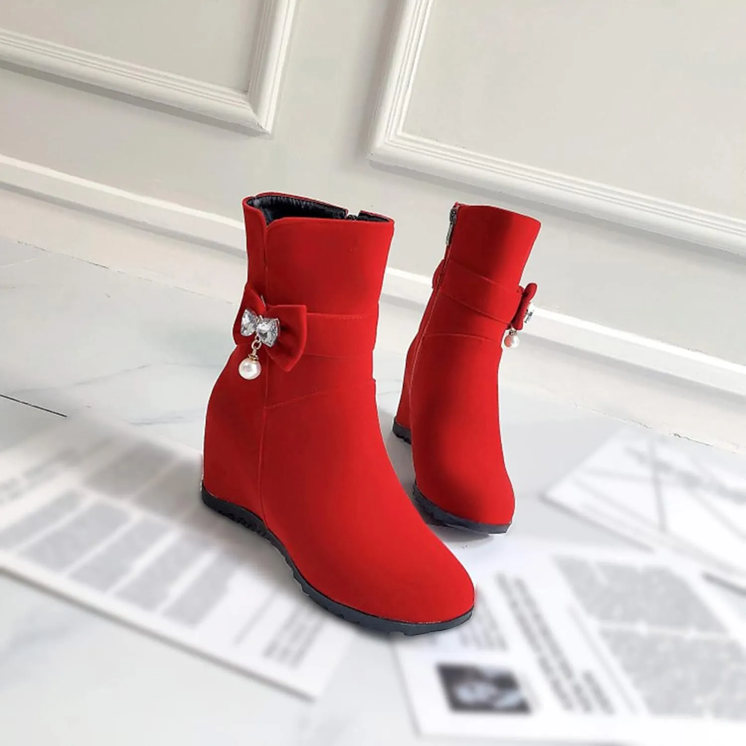 Women Ankle Boots Comfort Hidden High Booties Suede Side Zipper Short Boots Fashion Casual Dress Shoes with Rhinestone