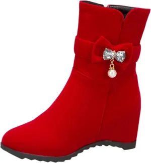 Women Ankle Boots Comfort Hidden High Booties Suede Side Zipper Short Boots Fashion Casual Dress Shoes with Rhinestone