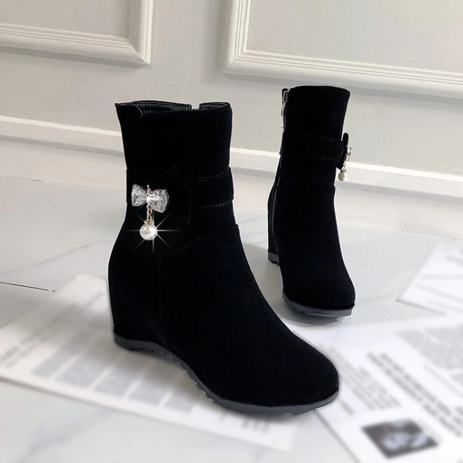 Women Ankle Boots Comfort Hidden High Booties Suede Side Zipper Short Boots Fashion Casual Dress Shoes with Rhinestone