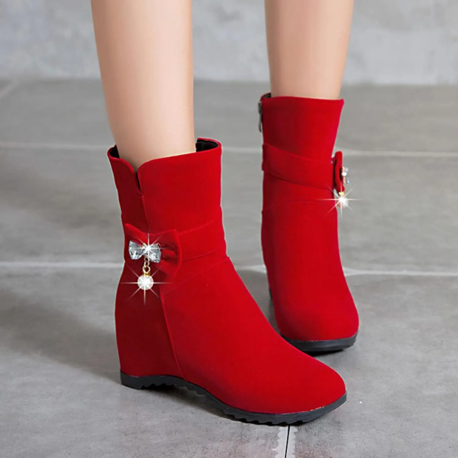Women Ankle Boots Comfort Hidden High Booties Suede Side Zipper Short Boots Fashion Casual Dress Shoes with Rhinestone