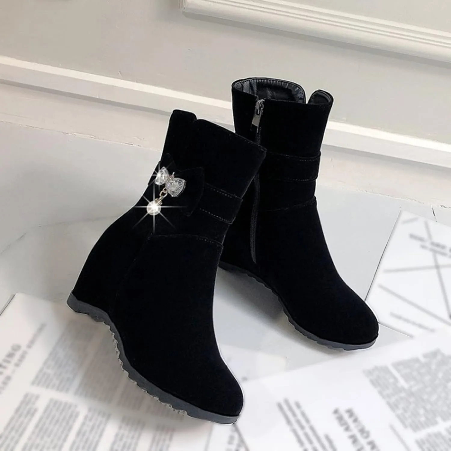 Women Ankle Boots Comfort Hidden High Booties Suede Side Zipper Short Boots Fashion Casual Dress Shoes with Rhinestone