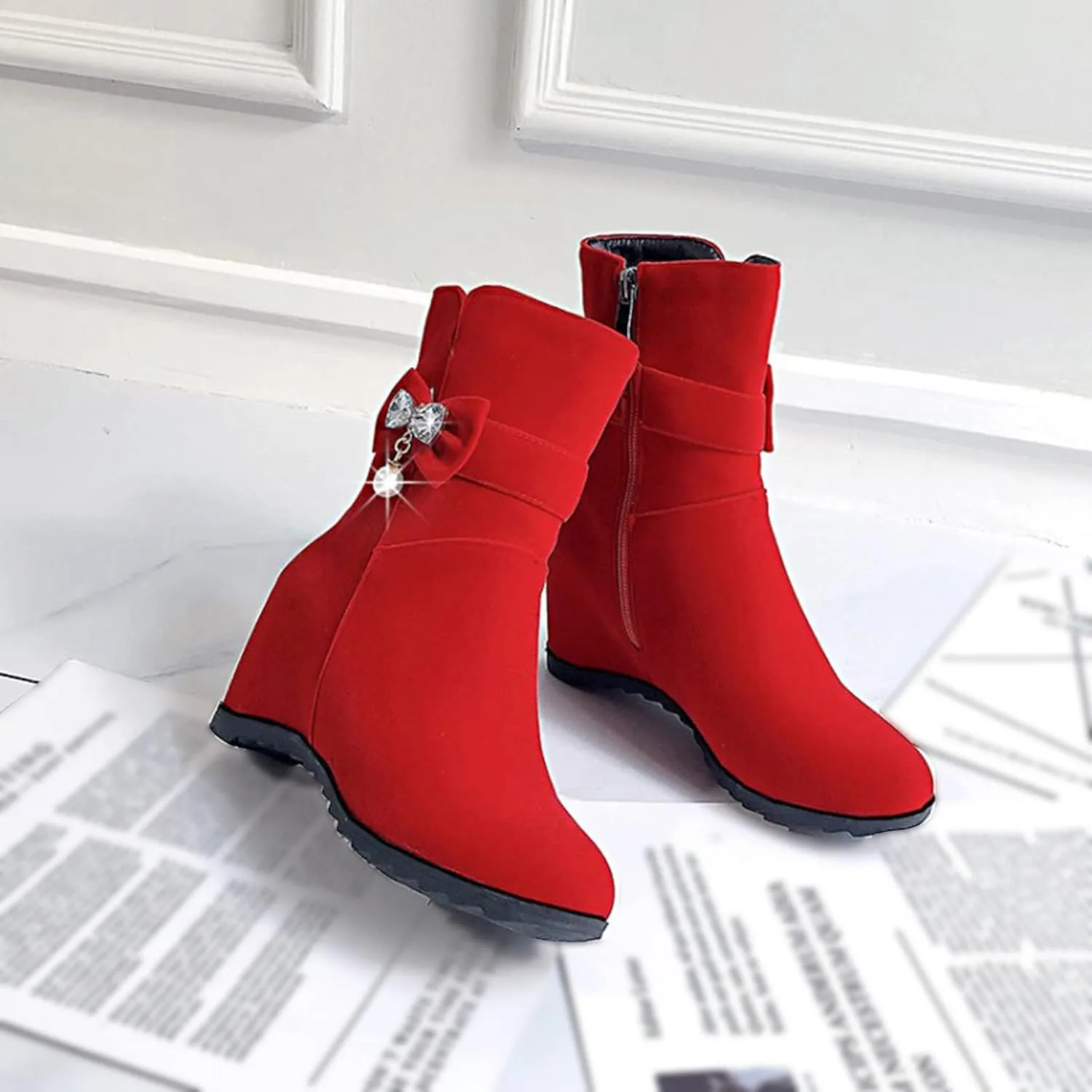 Women Ankle Boots Comfort Hidden High Booties Suede Side Zipper Short Boots Fashion Casual Dress Shoes with Rhinestone