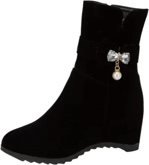 Women Ankle Boots Comfort Hidden High Booties Suede Side Zipper Short Boots Fashion Casual Dress Shoes with Rhinestone