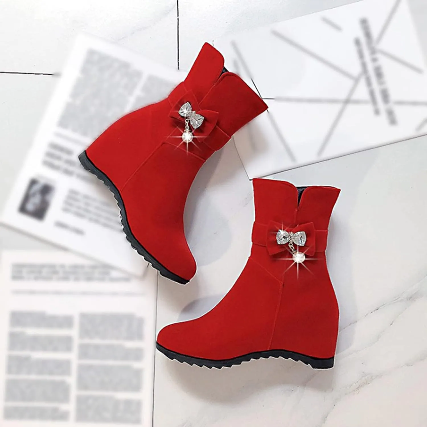 Women Ankle Boots Comfort Hidden High Booties Suede Side Zipper Short Boots Fashion Casual Dress Shoes with Rhinestone