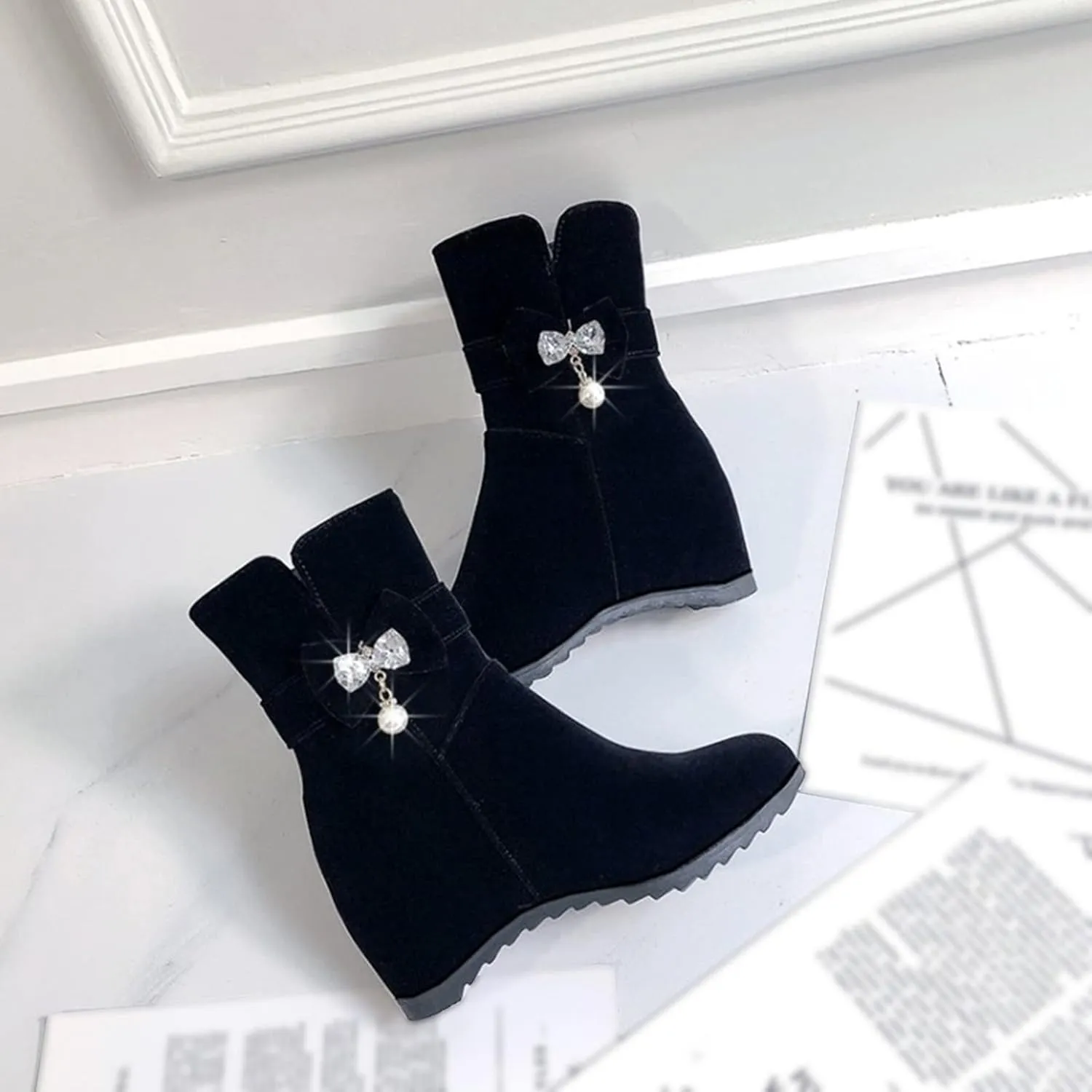 Women Ankle Boots Comfort Hidden High Booties Suede Side Zipper Short Boots Fashion Casual Dress Shoes with Rhinestone