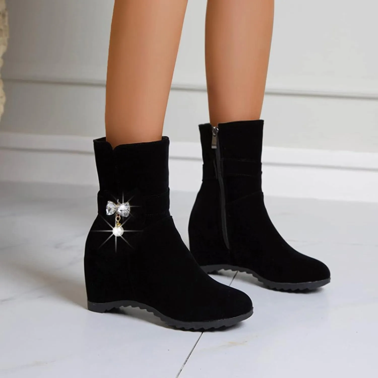 Women Ankle Boots Comfort Hidden High Booties Suede Side Zipper Short Boots Fashion Casual Dress Shoes with Rhinestone