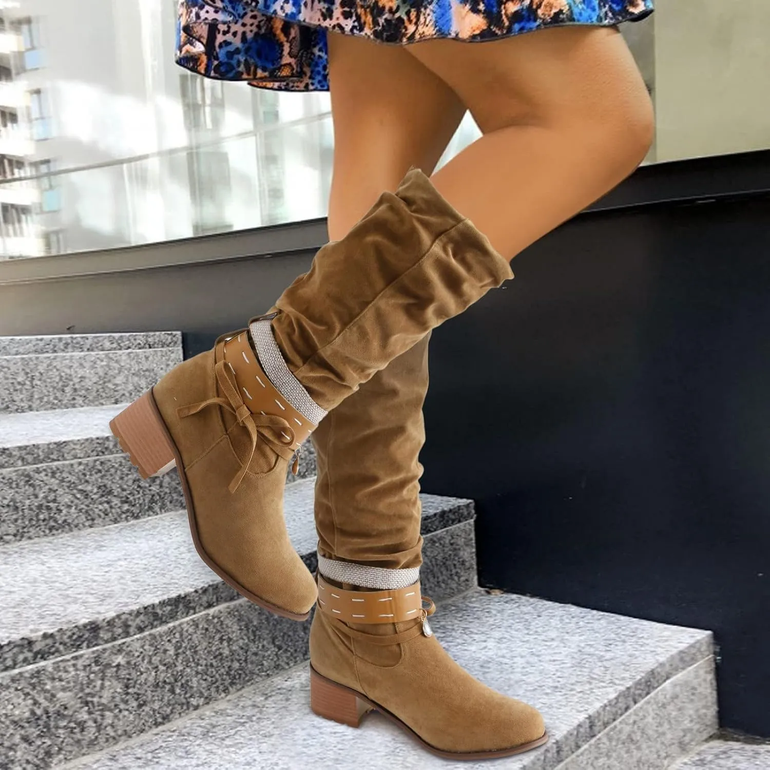 Women Knee Length Boots Chunky Heel Pointed Toe Boots Pull On Party Dress Casual Booties Suede Slouch Riding Boots