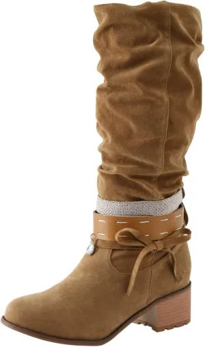 Women Knee Length Boots Chunky Heel Pointed Toe Boots Pull On Party Dress Casual Booties Suede Slouch Riding Boots
