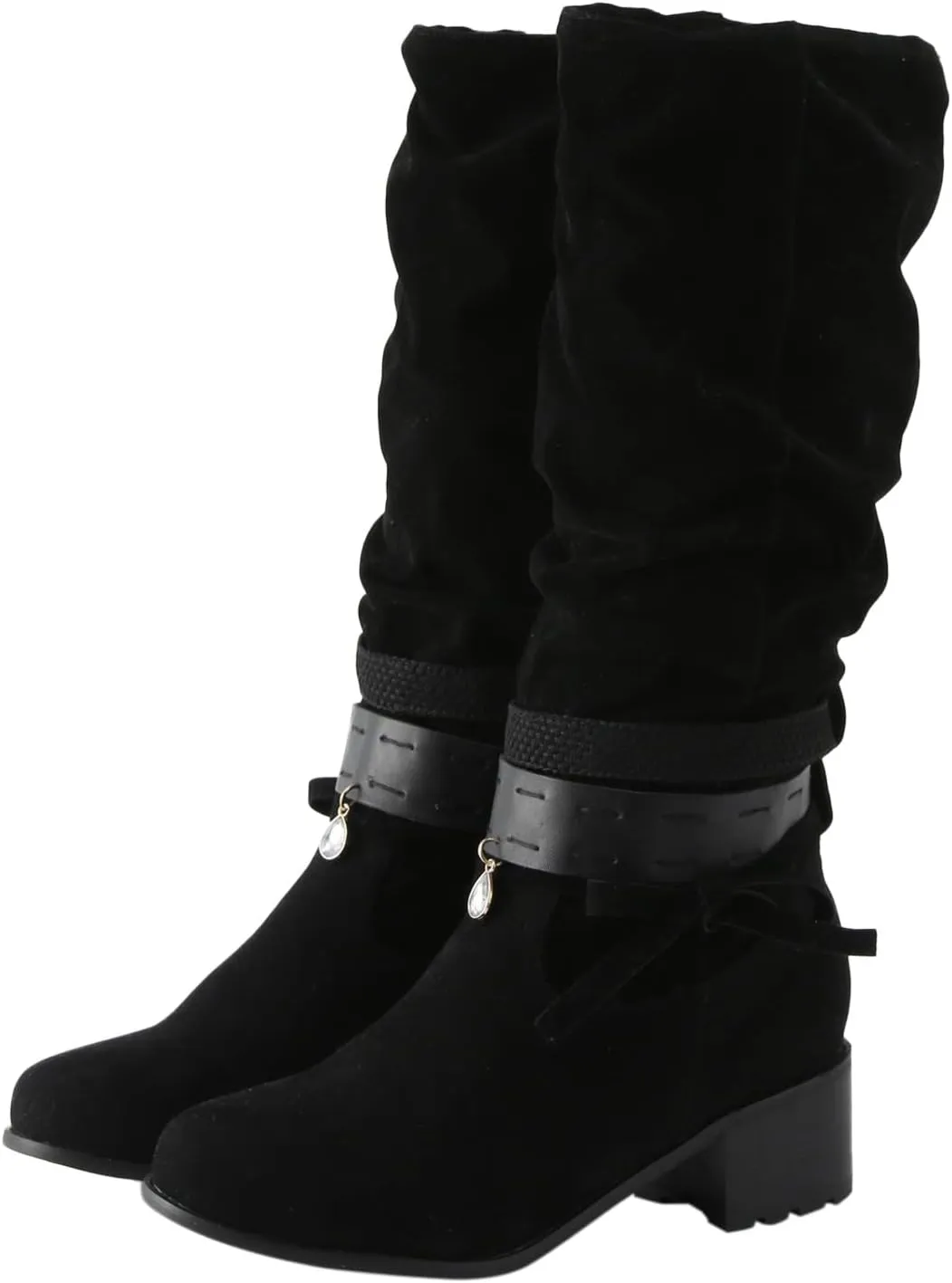 Women Knee Length Boots Chunky Heel Pointed Toe Boots Pull On Party Dress Casual Booties Suede Slouch Riding Boots