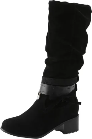 Women Knee Length Boots Chunky Heel Pointed Toe Boots Pull On Party Dress Casual Booties Suede Slouch Riding Boots