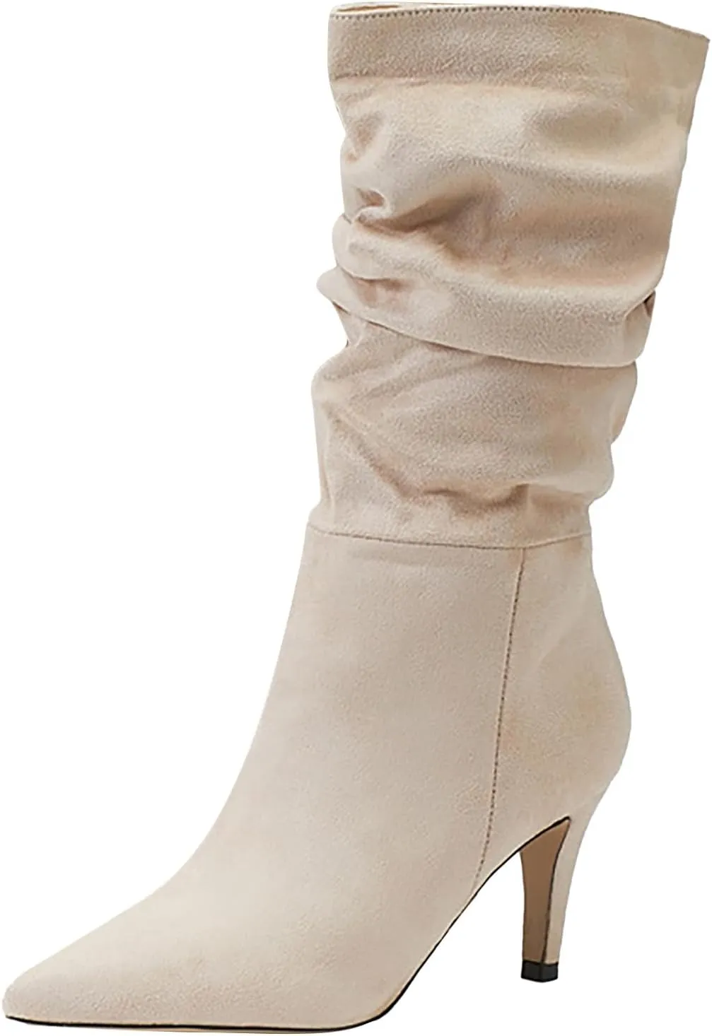 Women Mid Calf Slouchy Boots Pleated Suede Pointed Toe Stiletto Heels Boots Wide Calf Slip On Dress Ankle Booties