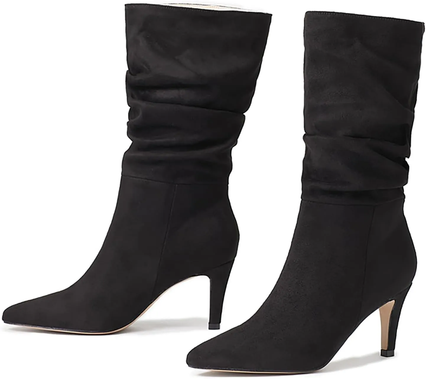 Women Mid Calf Slouchy Boots Pleated Suede Pointed Toe Stiletto Heels Boots Wide Calf Slip On Dress Ankle Booties