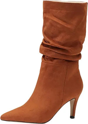 Women Mid Calf Slouchy Boots Pleated Suede Pointed Toe Stiletto Heels Boots Wide Calf Slip On Dress Ankle Booties
