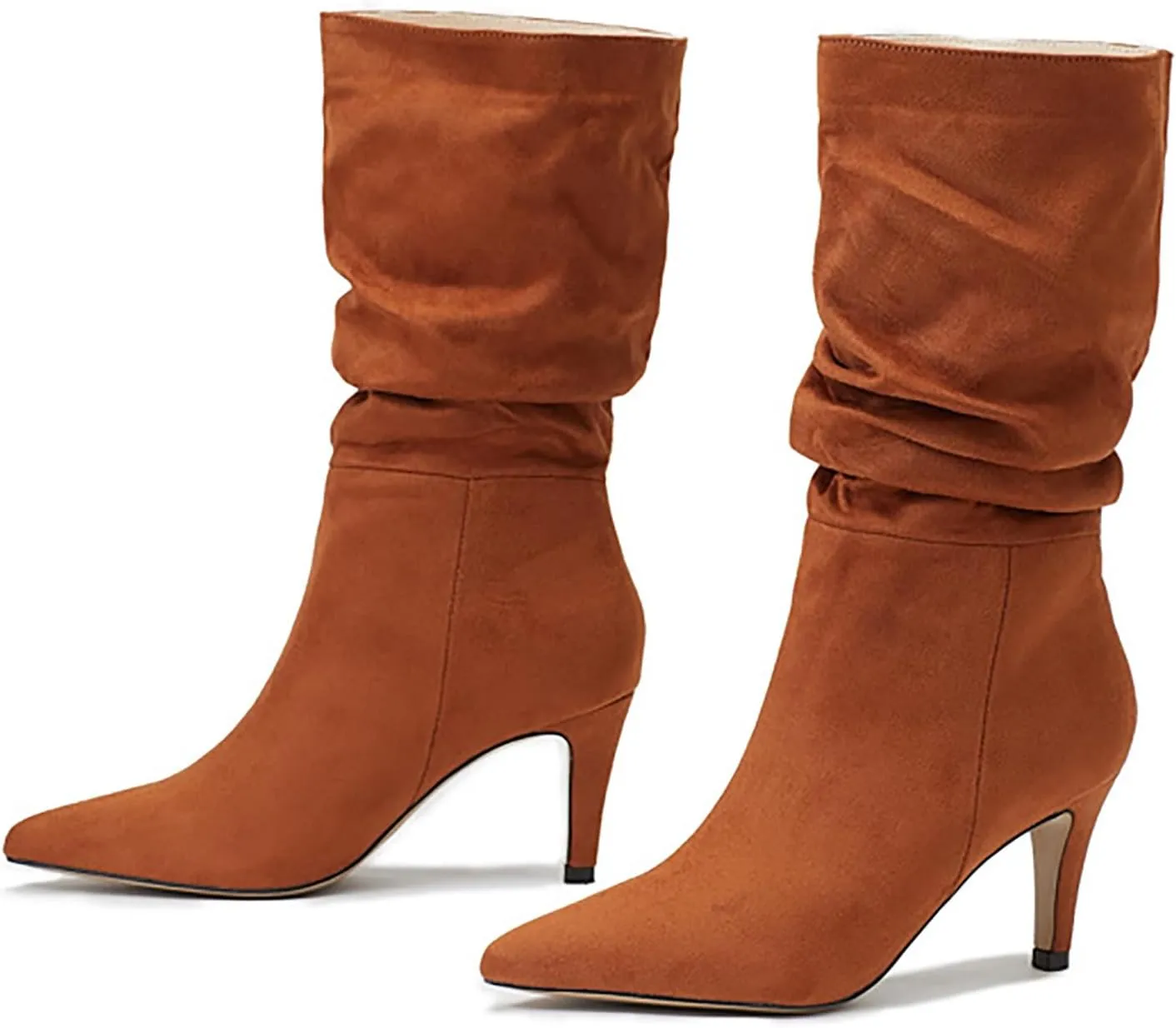 Women Mid Calf Slouchy Boots Pleated Suede Pointed Toe Stiletto Heels Boots Wide Calf Slip On Dress Ankle Booties